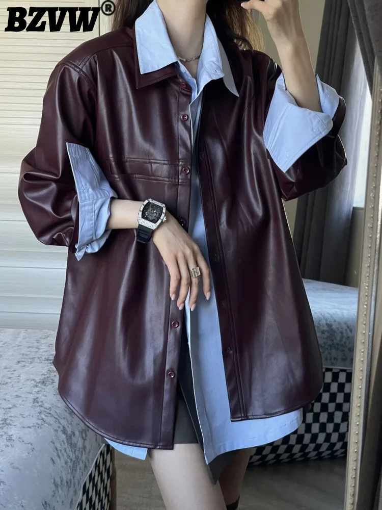 BZVW Fashion PU Leather Jacket Elegant Vintage All Match Lapel Street Tide Shirt Outerwear Women 2025 New Spring Autumn 2694