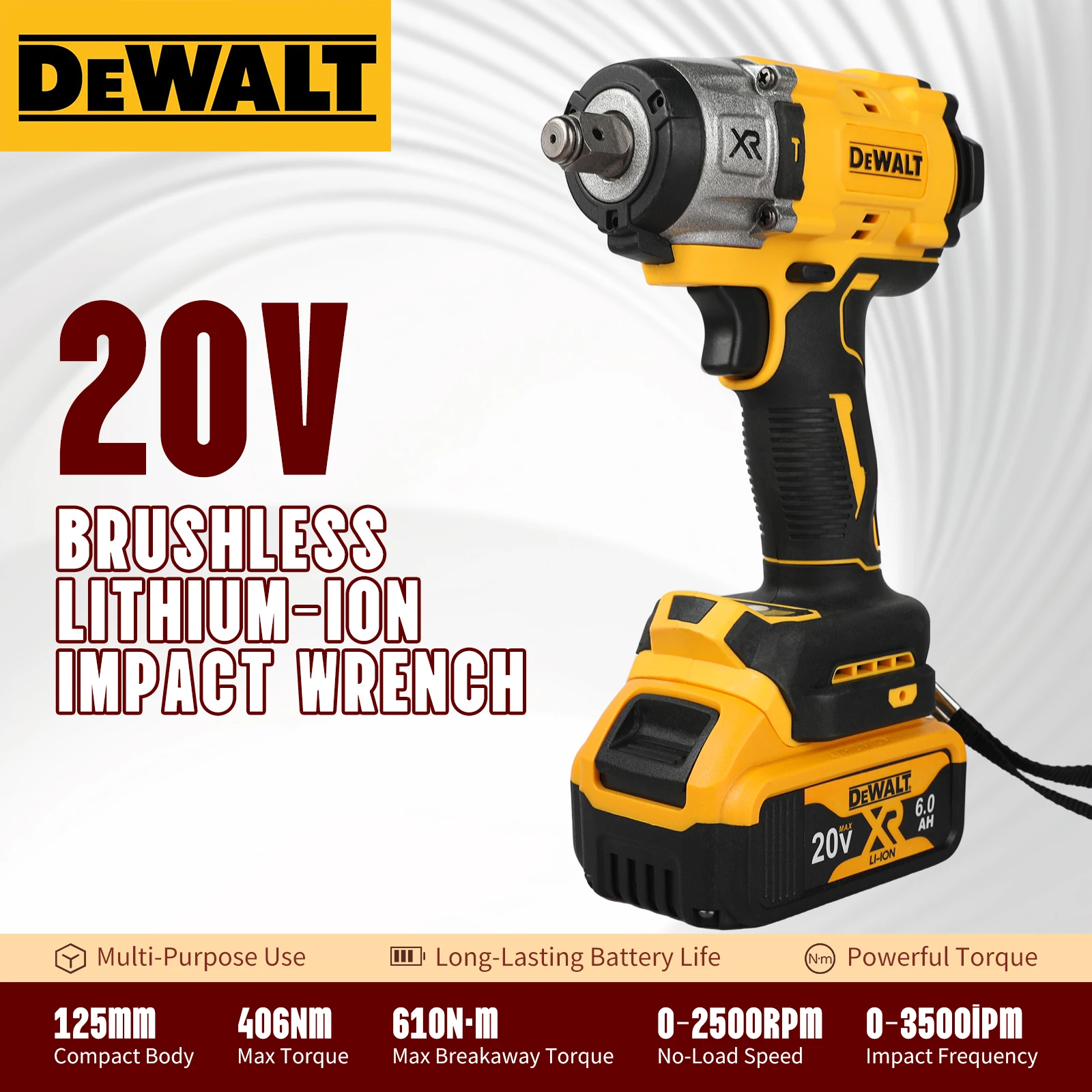

DEWALT 1/2 inch 610NM Brushless Cordless Electric Impact Wrench 3 Speed 1/2 Inch Repair Power Tools For DeWalt 20V Battery