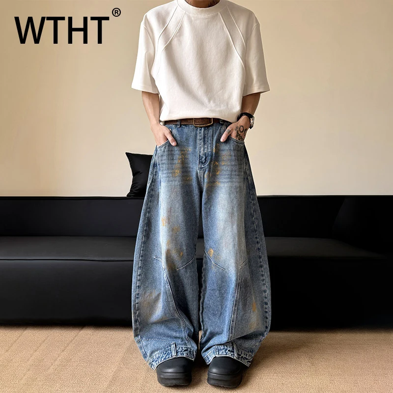

WTHT Fashion Men's Patchwork Graffiti Do Old Casual Denim Pants Vintage New High-waisted Loose Jeans Male 2025 Summer 2A1331