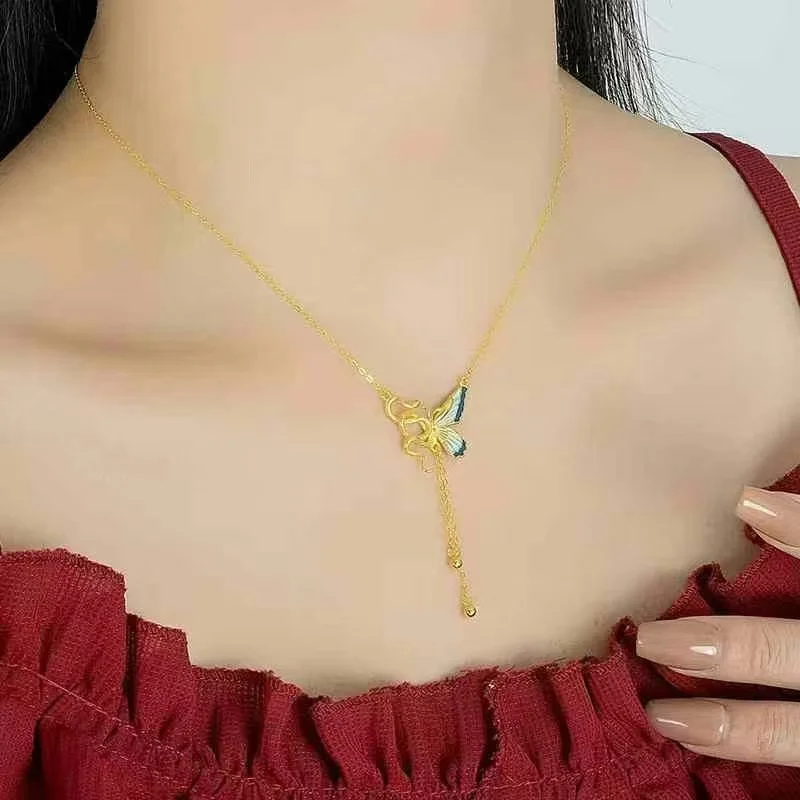 Original 999 sterling silver butterfly spirit snake necklace fashionable enamel tassel women's collarbone chain Christmas gift