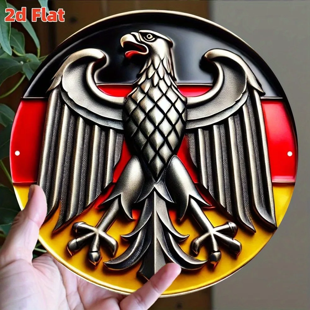 German Coat of Arms Wall Art - 7.8" Round Aluminum Emblem Black Eagle Golden Shield, Durable Indoor Outdoor Hanging Decor for