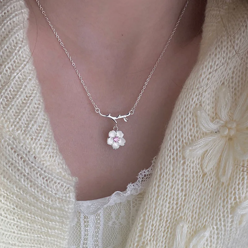 Romantic Cherry Blossoms Flower Necklace For Women Shiny Crystal Zircon Butterfly Flower Pearl Clavicle Chain Girl Party Jewelry image 2