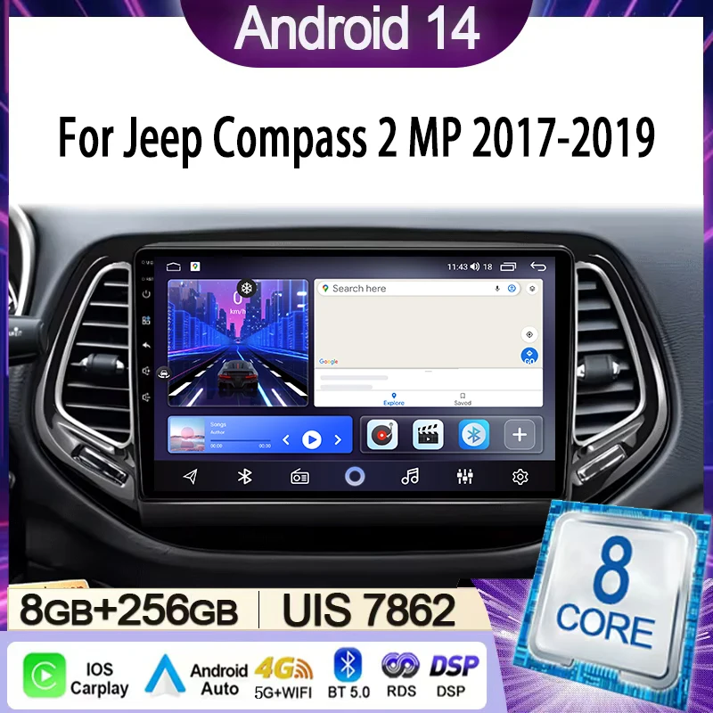 

Car Radio For Jeep Compass 2 MP 2017-2019 Multimedia Video Player Navigation Stereo GPS Android14 wireless Carplay Android Auto