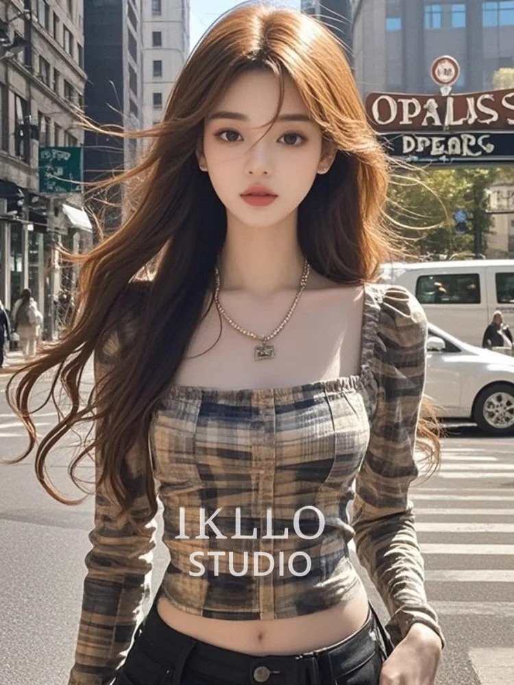 Schlankmachendes ort-Sle Retro Square-Ne Plaid irt Damen Herbst Faionable Base irt Atmungsaktives Feuchtigkeits-ng-T-Shirt