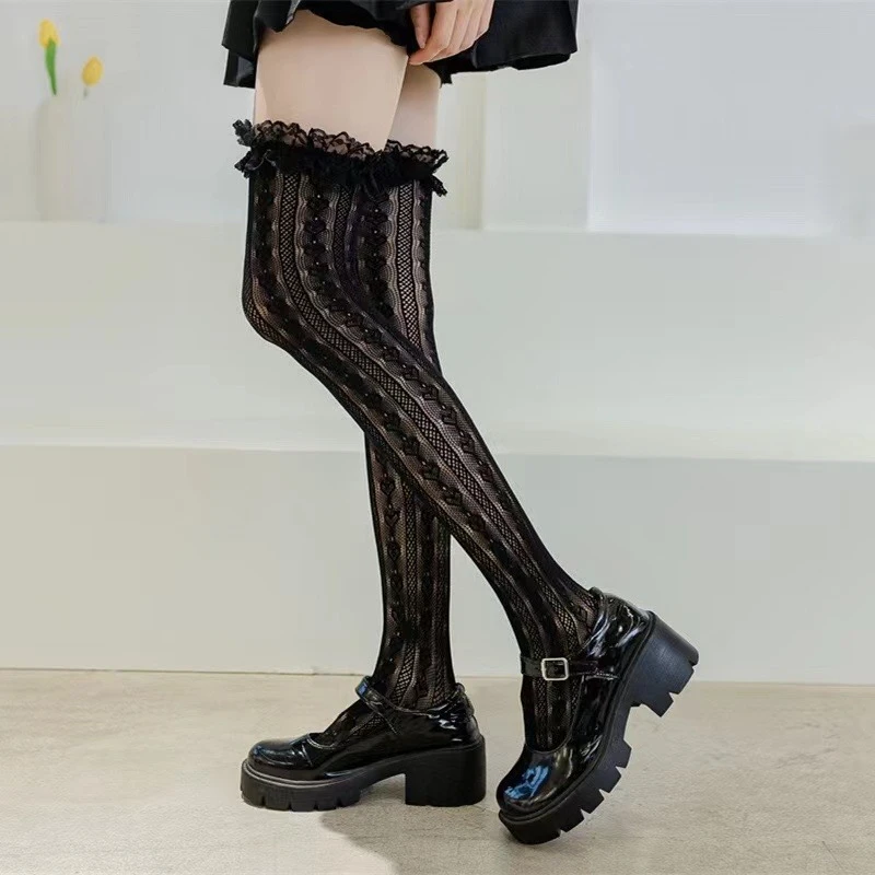 

Women Sexy Lace Heart Fishnet Long Tube Mesh Over Knee Body Stockings Maid Cosplay Lolita Thigh High Fish Net Hosiery Long Socks