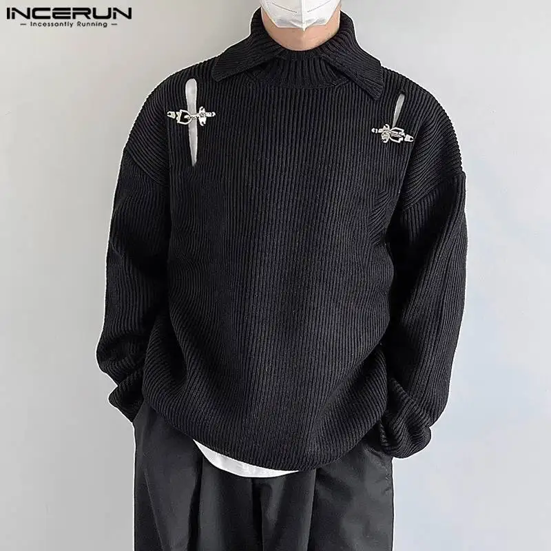 

Men Sweater Solid Color Lapel Hollow Out Long Sleeve Streetwear Male Pullovers Knitted 2023 Fashion Casual Men Clothing INCERUN
