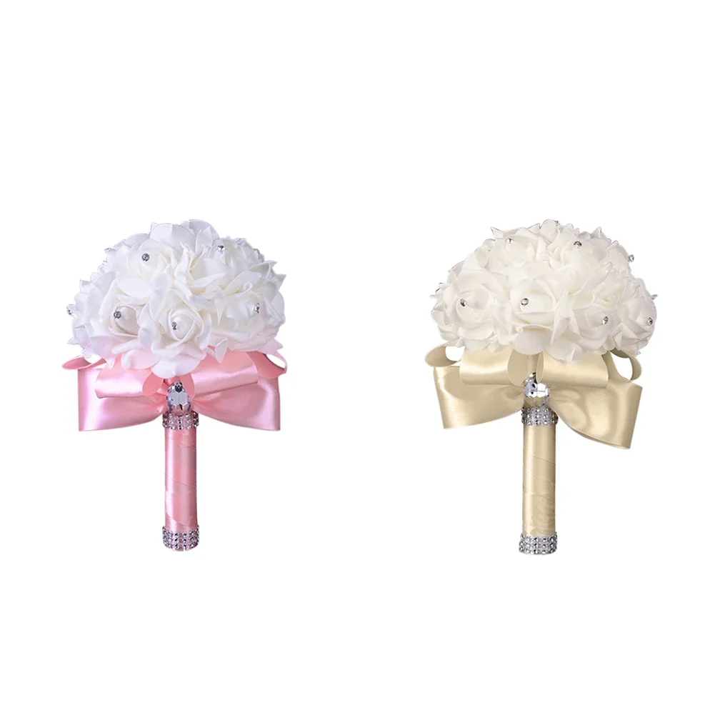 

1PC Cheapest PE Rose Bridesmaid Wedding Foam Flowers Rose Bridal Bouquet Ribbon Fake Wedding Bouquet Barber matt Setting spray