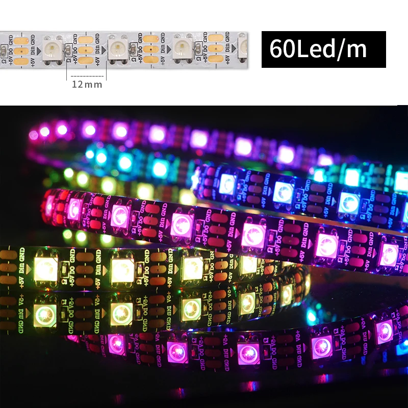 Tira de luces Led WS2812B, luz mágica direccionable individualmente, pixeles inteligentes, PCB blanco y negro, IP30, 65, 67, DC5V, WS2812