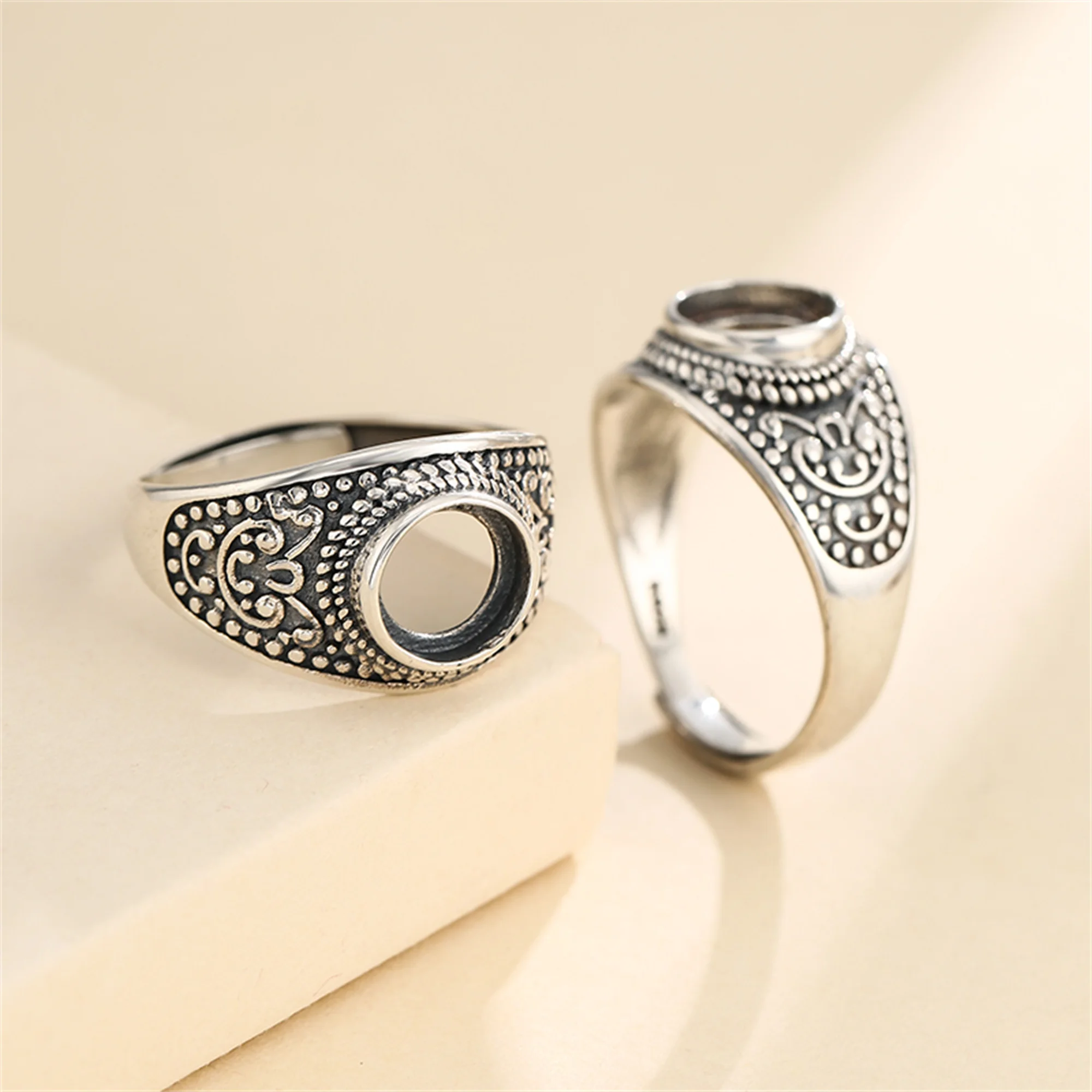 

Ring Blank for 8x8mm/10x10mm Round Cabochons Adjustable Thai Sterling Silver Antique Style Ring Setting SR0479