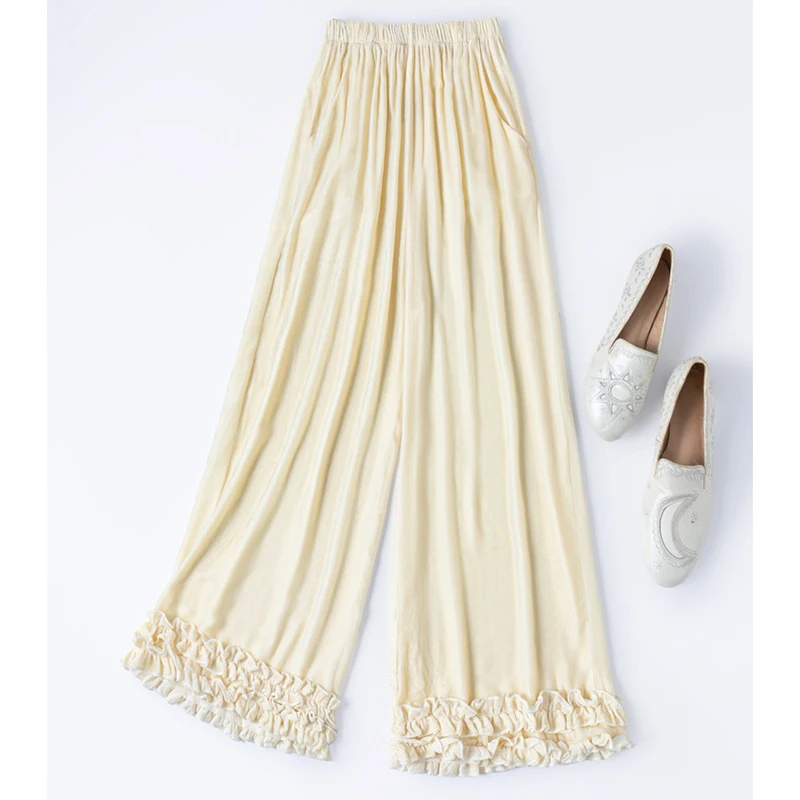 

Velvet Silk Women Pants 100% Mulberry Silk Lining Cream-white Color Straight-leg Petal Hem Casual Trousers Autumn M1506