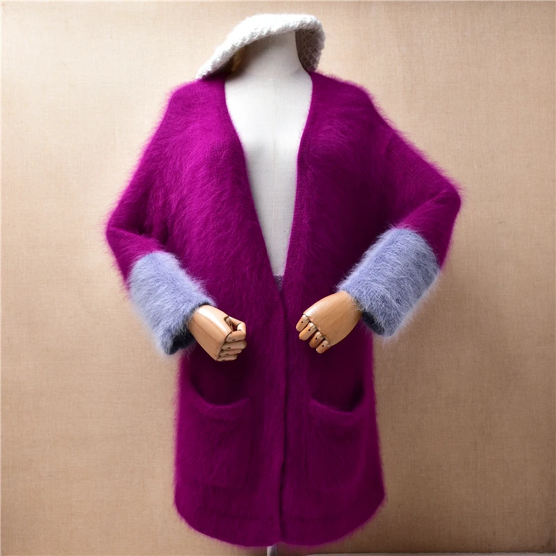 Female Women Fall Winter Colored Purple Hairy Angora Rabbit Hair Knitted Long Sleeves V-Neck Loose Cardigans Jacket Sweater Pull