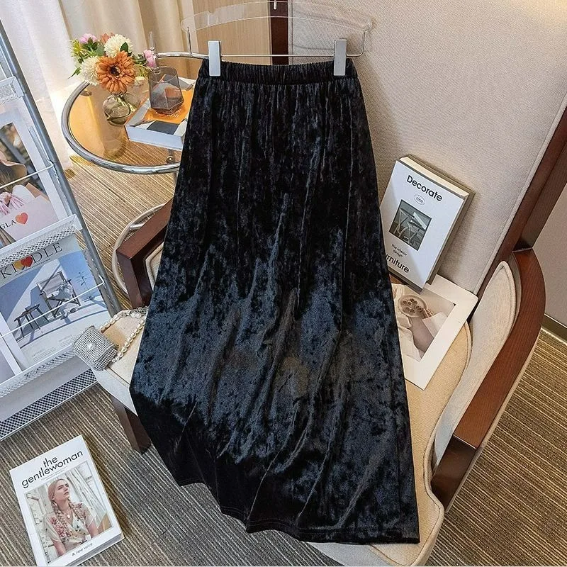 

2024 Autumn New Chic High-waisted French Retro Elegant Golden Velvet Versatile Slim Fitting Temperament Socialite Skirt