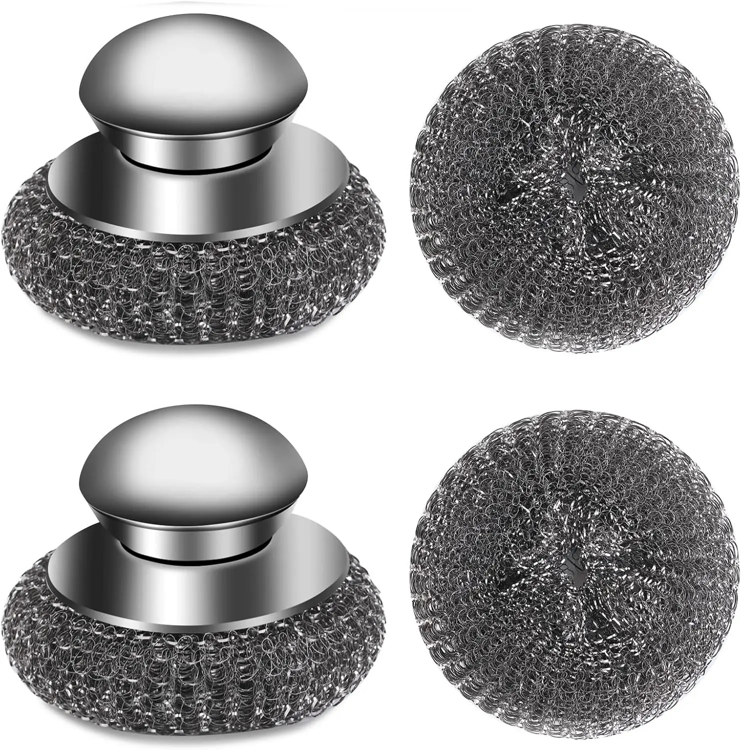 

4-Piece Stainless Steel Scrubber Set with Handle for Pots, Pans, Grill & Stove Cleaning
