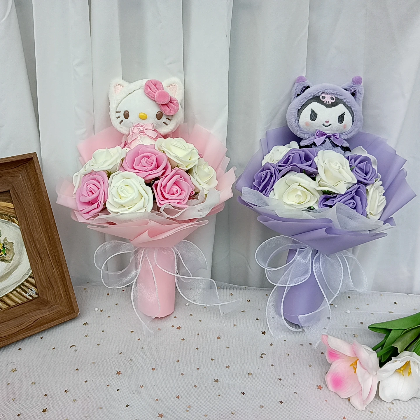 

MINISO Kuromi Hello Kitty Plush Bouquet with Rose Anime My Melody Cinnamoroll Plush Doll Valentine's Day Birthday Christmas Gif