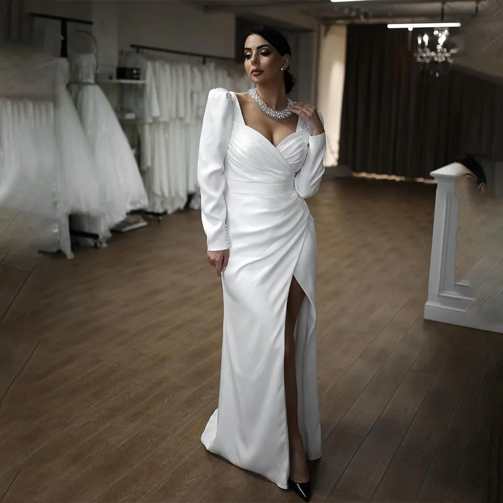 

Elegant Long Puff Sleeves Sweettheart Soft Satin Mermaid Wedding Dresses Side Slit Custom Made Plus Size Rode De Morrie