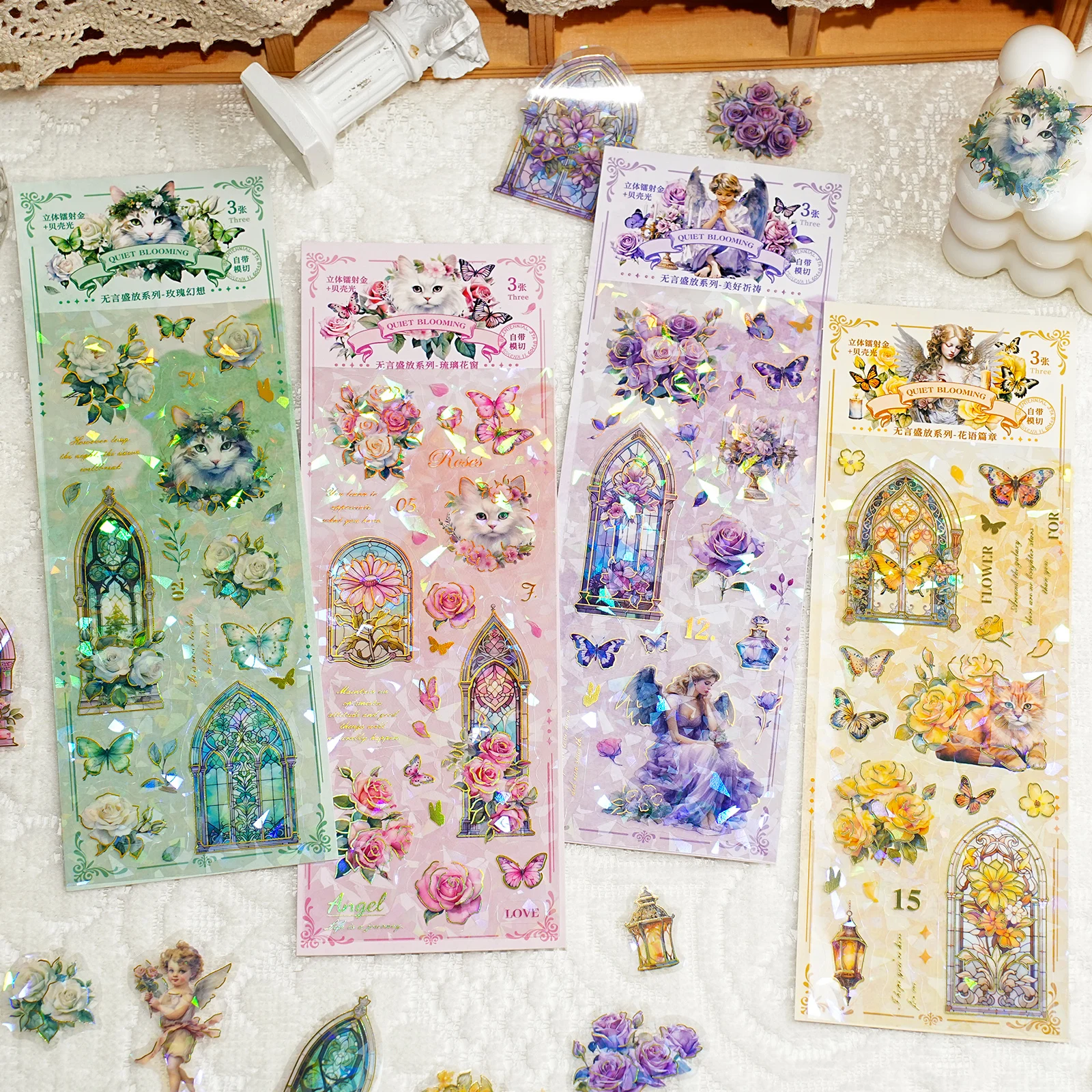 Etori Life Silent Blossom Series Vintage Floral Animal Pattern Classic Journal Stickers DIY Handmade Scrapbook, Crafts, Student Stationery, Gift Paper Bags, Envelope Greeting Cards, Baking Sealing, Vintage Party, Gold Foil Shell Craft, Irregular Die-Cut, Waterproof Stickers