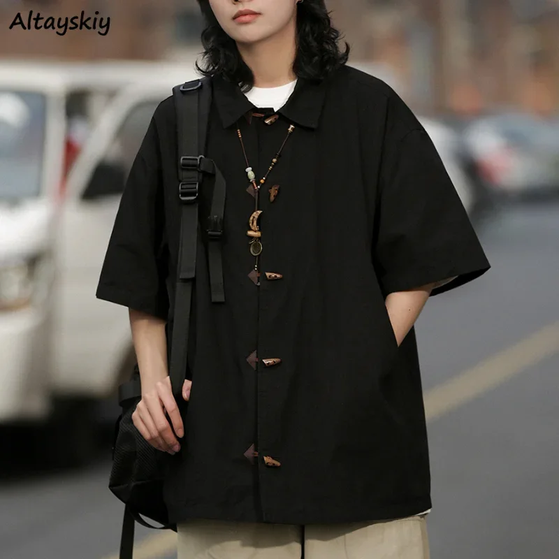 

Casual Shirts Women Summer Short-sleeve Tops Streetwear Fashion Chinese Style Outwear All-match Vintage Loose Solid Temper Daily