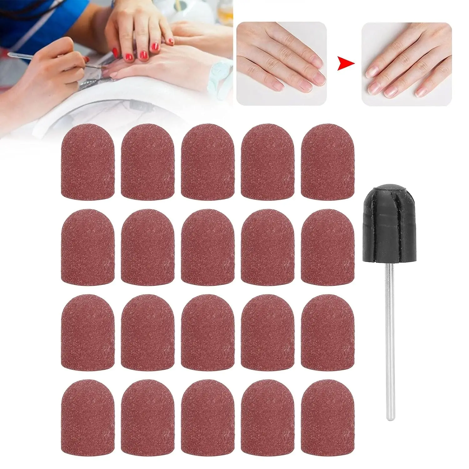 20Pcs Nail Grinding Caps & 1 Shaft - Professional Manicure Sanding Kit 180# Grit Nail Sanding Bands for Nail Drill Machine