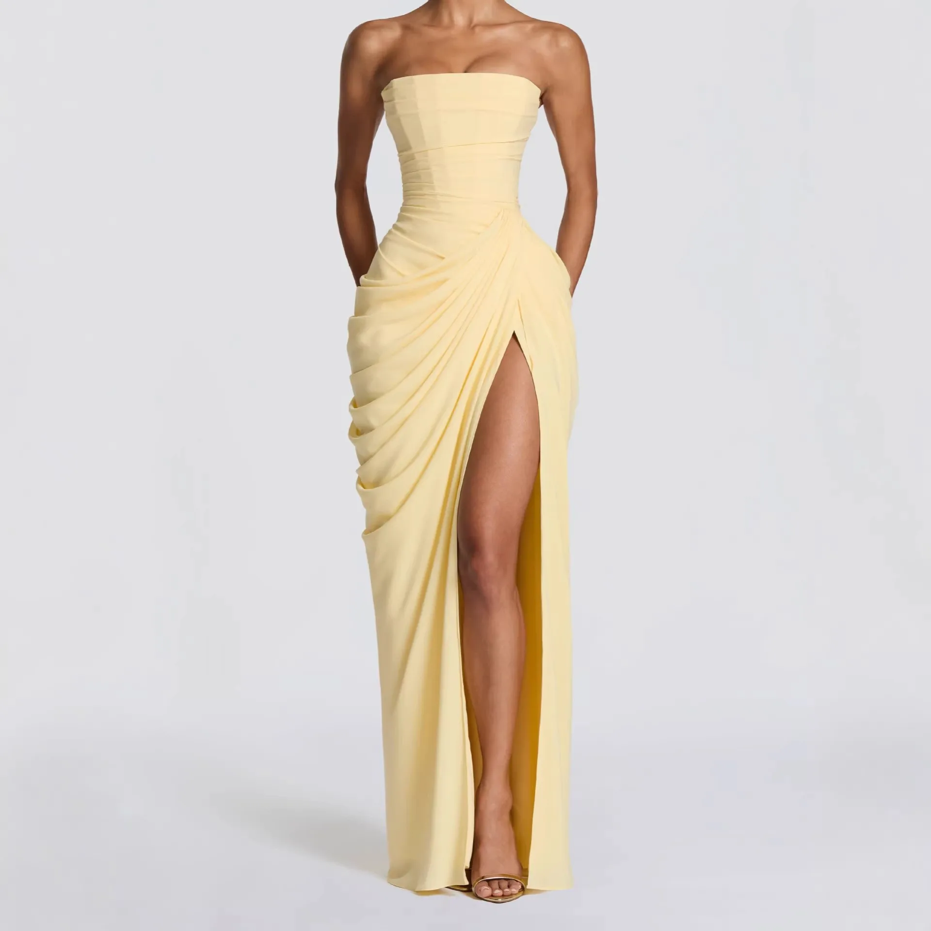 Women's Elegant Pleated Wedding Guest Dress for Summer Party Long Sleeveless Bodycon Slit Tube Top Ruched Asymmetrical Dress