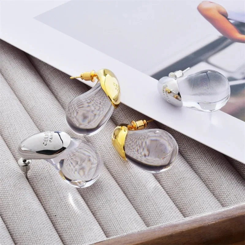 أقراط عصرية على شكل قطرة الماء للنساء، مجوهرات ذهبية مطلية بالنحاس، إكسسوارات شفافة للحفلات