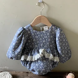 2024 New Autumn 0-24M Children Clothes Korean Style Climbing Suit Long Sleeved Cotton Lace Splicing Toddler Baby Girl Romper