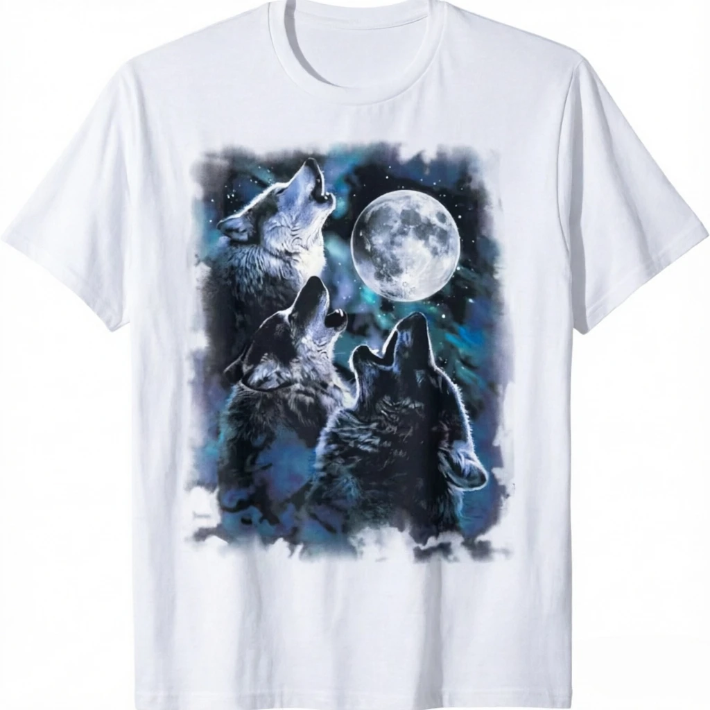 Men's Bohemian Wolf Howling At Moon T-Shirt Black Crew Neck Tee with Wolf Moon Design Fit Suitable for Casual Outdoor