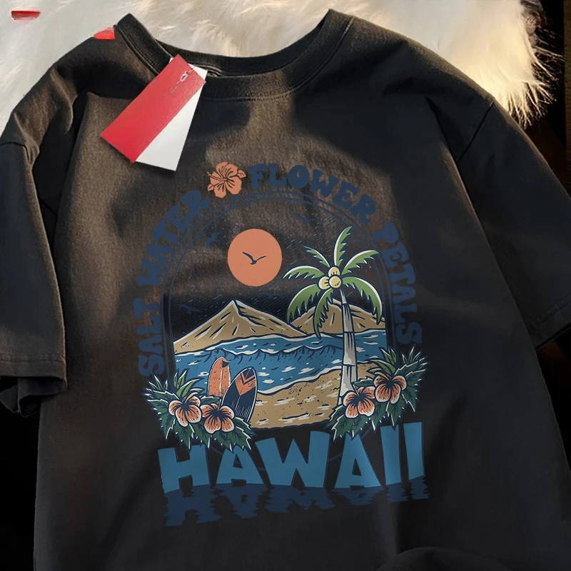 

Гавайская одежда с лепестками морской воды, мужские и женские летние футболки в стиле Харадзюку, футболки с героями мультфильмов, модные дышащие топы для пар, топ Y2K