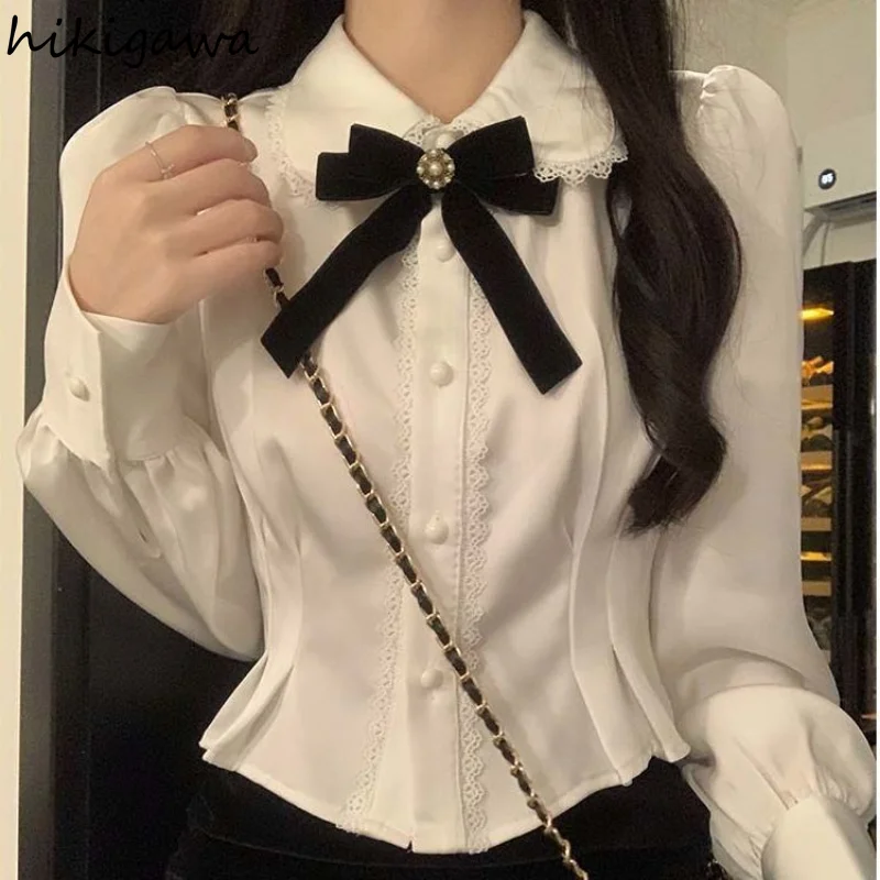 Sweet Blouse Women Peter Pan Collar Puff Sleeve Tunic Shirts 2023 Blusas Mujer De Moda Korean Fashion White Blouses Crop Tops