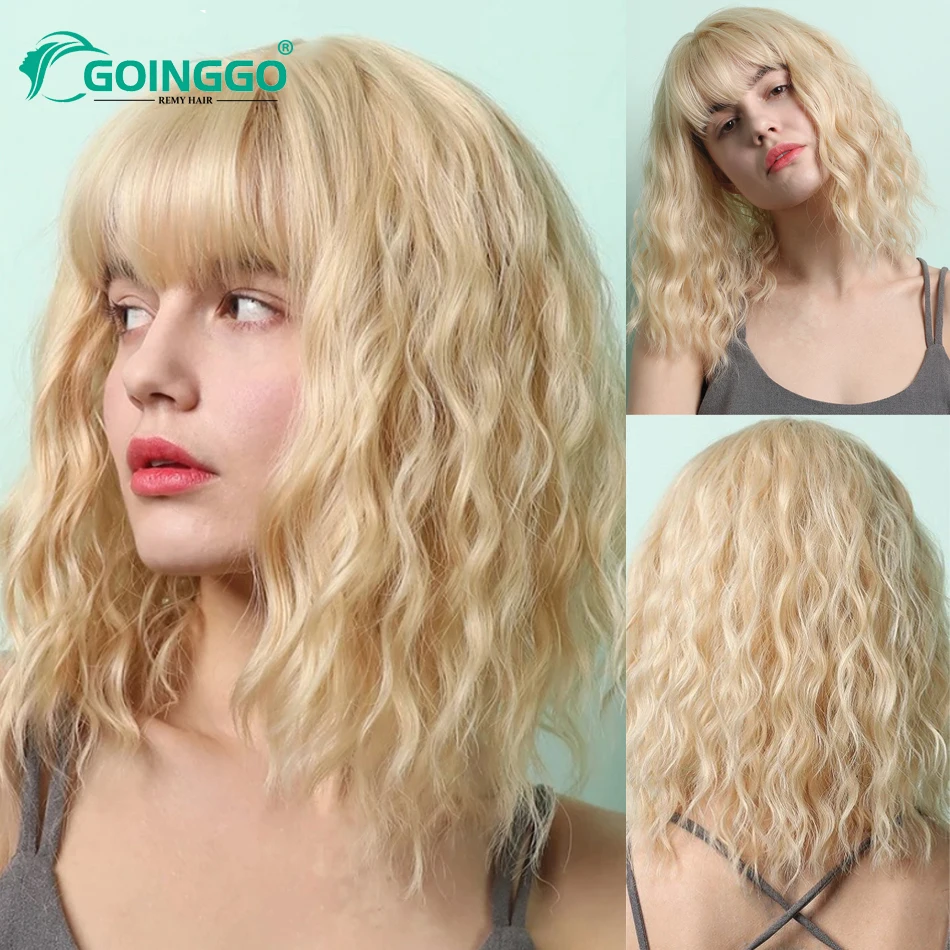 

Light Blonde Bob Hair Wig With Bangs Wet And Wavy Light Blonde Human Hair Wig For Women Curly Bob Wig Upgrade No Glueless