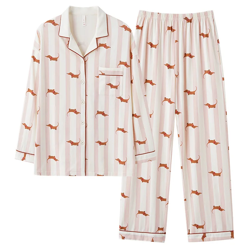 

Spring Autumn 2025 Cotton Women's Pajama Set Dachshund Sausage Teckel Two Pieces Long Sleeve Tops Full Length Pants Couple Men's