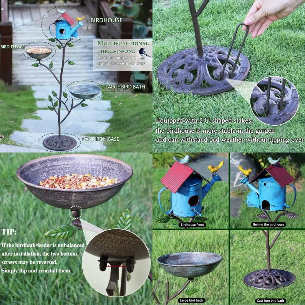 

Уличная кормушка-домик для птиц 3-в-1 с купелью и подставкой для кормления, многофункциональный декор для сада, чугунное основание