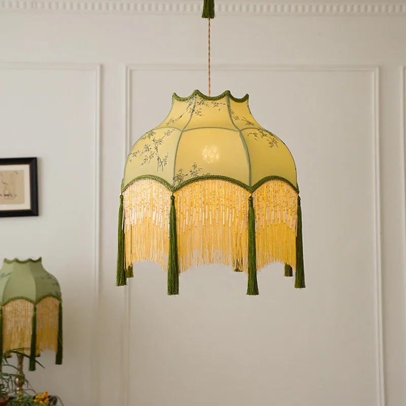 

French Medieval green Fabric ceiling chandelier Tassel Pendant Lights Retro Living Room kitchen bedroom restaurant hanging lamps