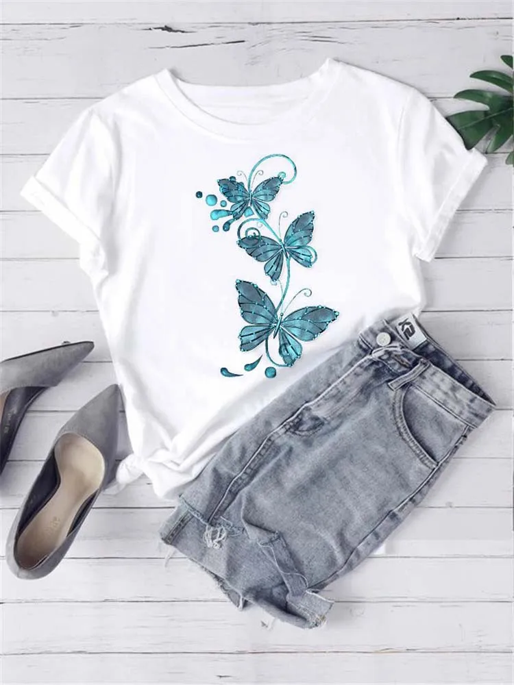 Maycaur New Fashion Butterfly Floral Printed Women T Shirt Summer Clothes Tshirt Tee Womens Top Female Print T Graphic T-shirt