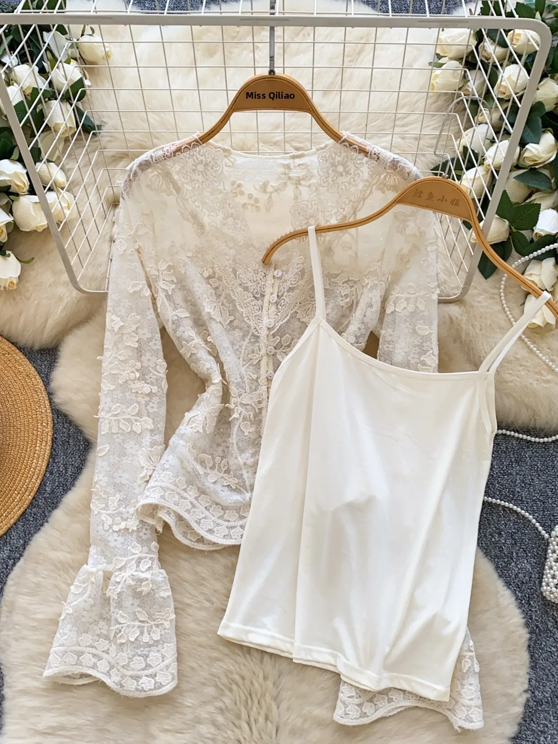 Ele Sweet ثقيل التطريز V-Ne Long Sve سترة مفتوحة irt حزام داخلي تانك القمم قطعتين مجموعة المرأة Faion