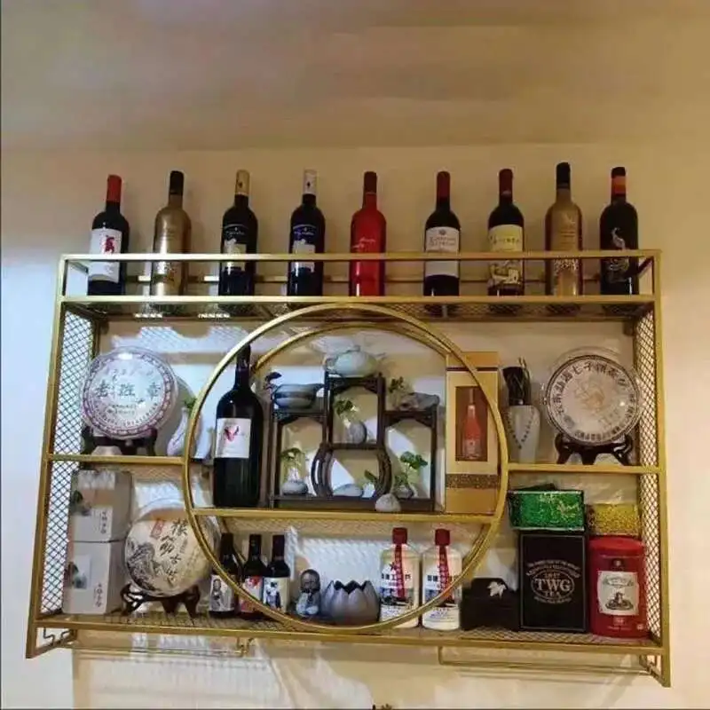 Retro Hanging Wine Cabinets Simple Red Bar Cabinet Home Living Room Wall Storage Rack Wrought Iron Restaurant Display Wine Rack