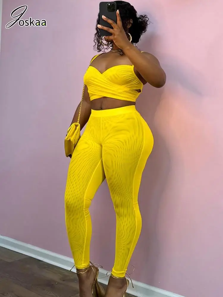 

Joskaa Women's 2025 Yellow Two Piece Set Sexy Mesh Crisscross Strappy Top and Tight Pants Matching Tracksuits Y2K Streetwear