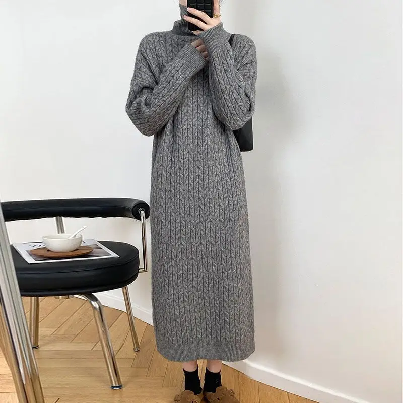 Dresses Women Knitted Long Dress Pullover Turtleneck Autumn Winter Thick Knitting Sweater Maxi Gown Vintage Casual Vestidos