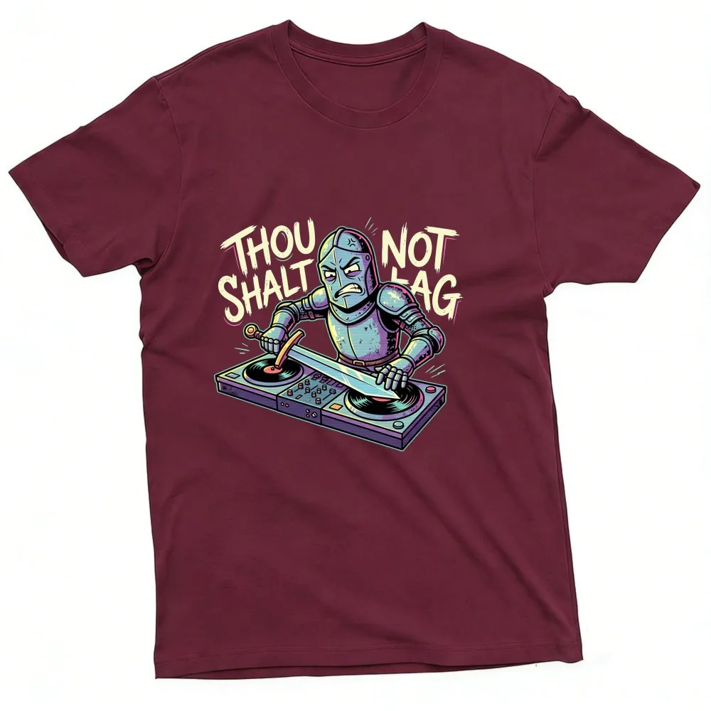 Thou Shalt Not Lag Medieval Knight DJ Funny Gaming Meme Tech Humor Casual Cotton Short Sleeve Crew Neck Graphic T-Shirt