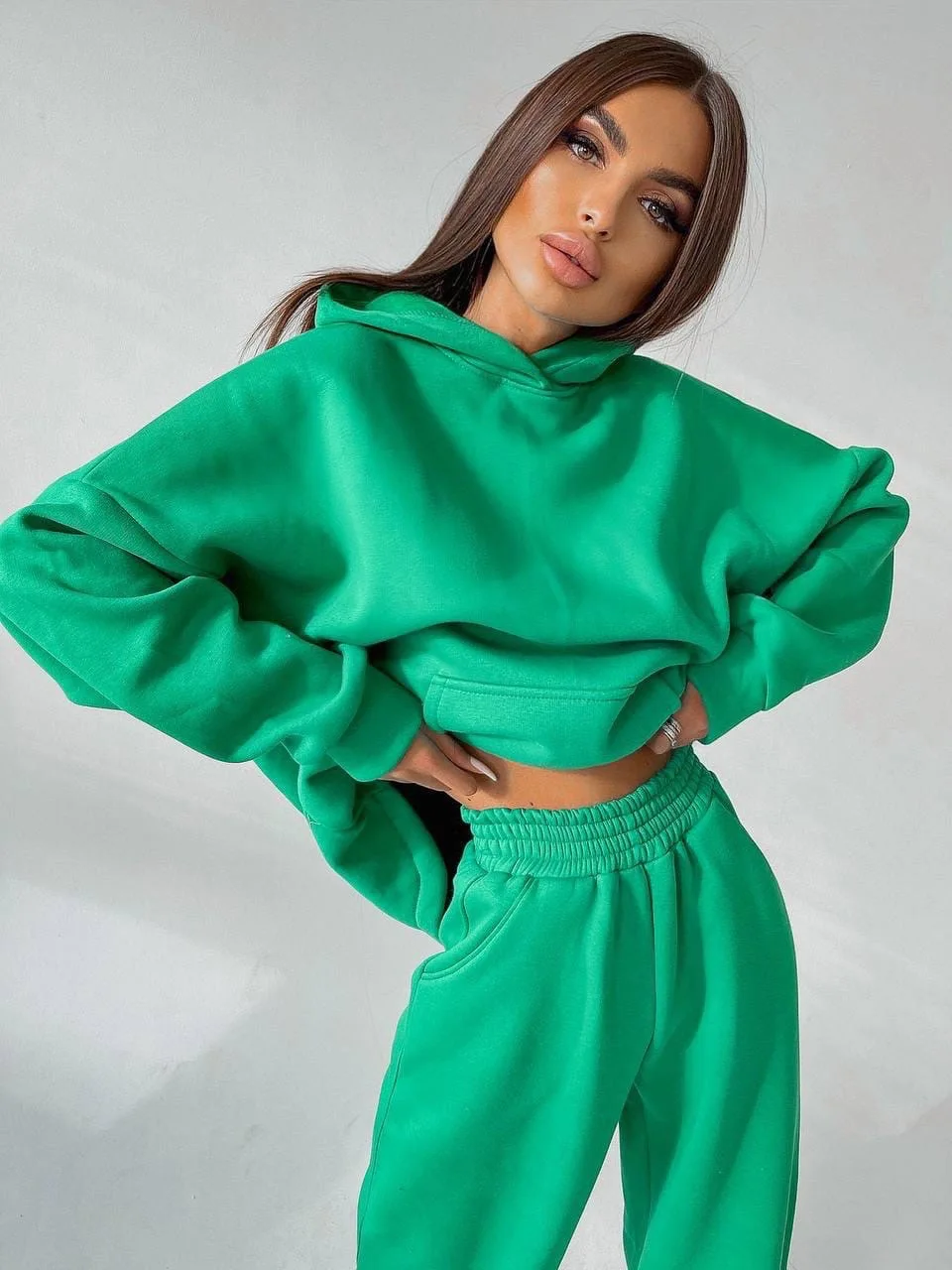 Autumn 2 Piece Set Women\'s Solid Color Loose Sports Pullover Hoodie+Fashion Casual Wide Leg Pantalones Two Piece Sets Women