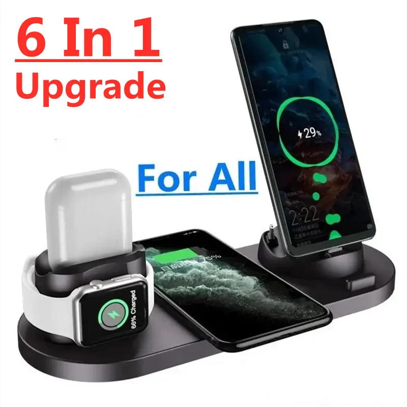 6 in 1 Wireless Charger Stand Pad For iPhone 15 14 13 12 Pro Max Apple Watch Airpods Phone Chargers Fast Charging Dock Station