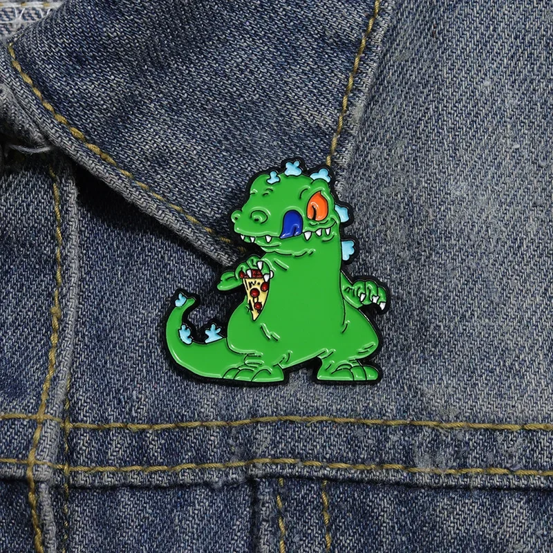 Pines kartun hijau dinosaurus bros kreatif Pizza Monster logam lencana Aksesori lencana logam Enamel pin bros untuk pakaian