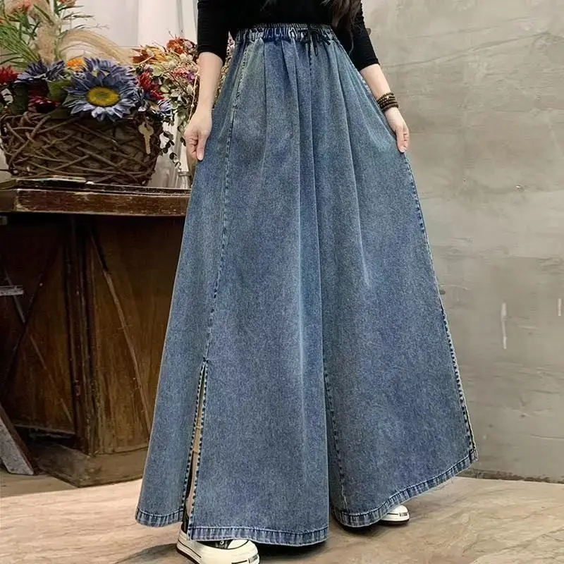 2025 New High-Waisted Split Wide Leg Pants Women Loose Distressed Denim Pant Casual Solid Trouser for Woman