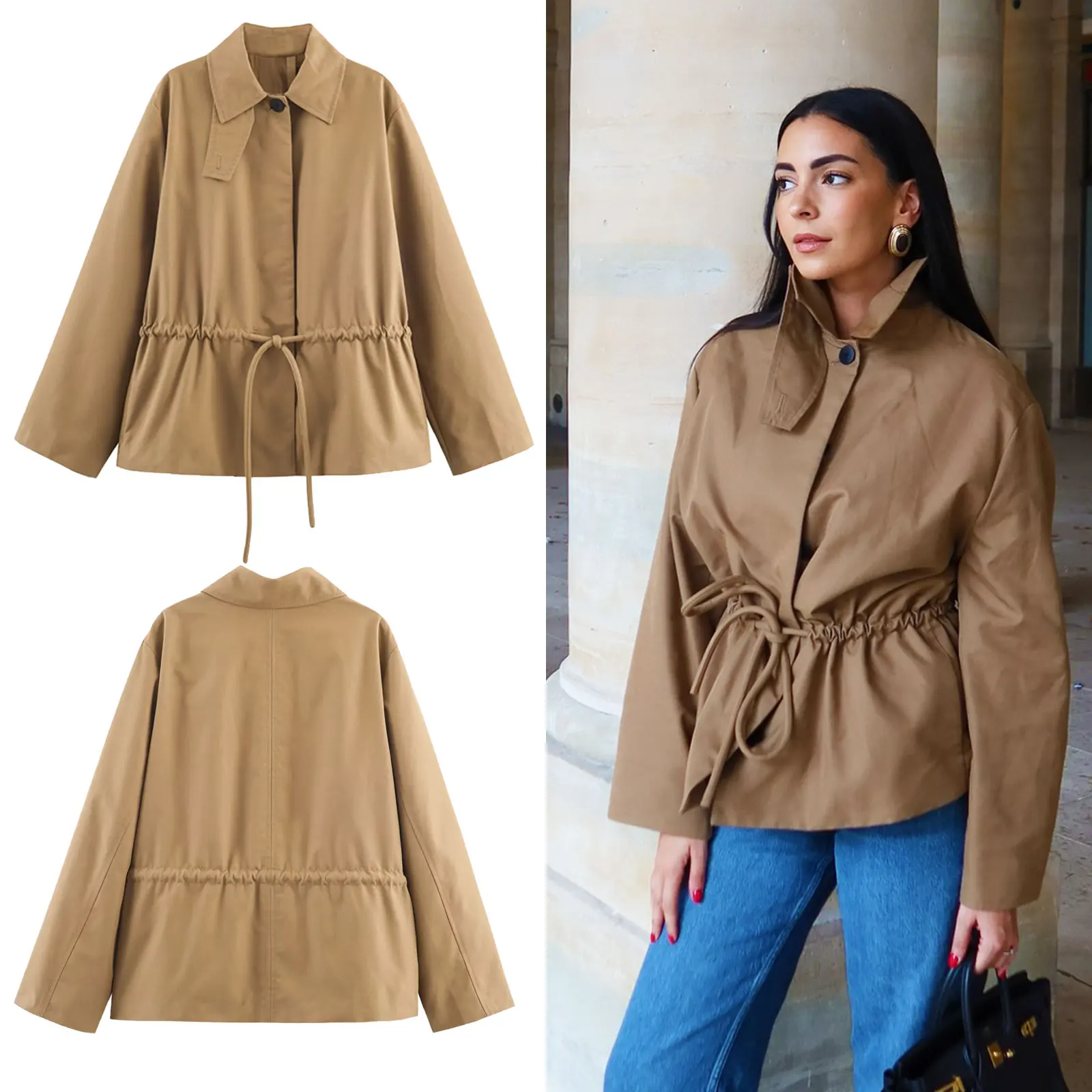 

HH Women's 2025 Autumn Simple Short Parker Coats Long-sleeved Lapel Strap Solid Color Adjustable Waist Stylish Casual Jacket