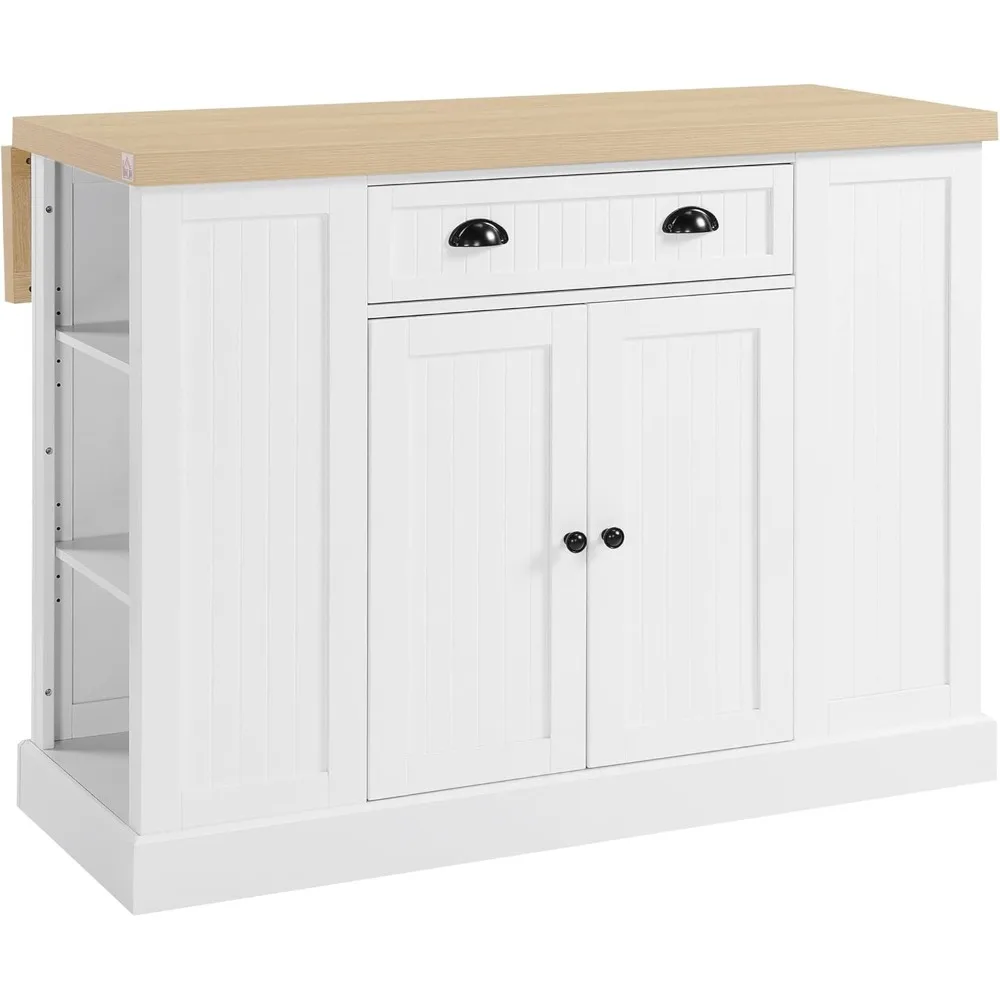 

Fluted-Style Wooden Kitchen Island, Kitchen Countertop Storage Cabinet with Drop Leaf, Drawer, Open Shelves