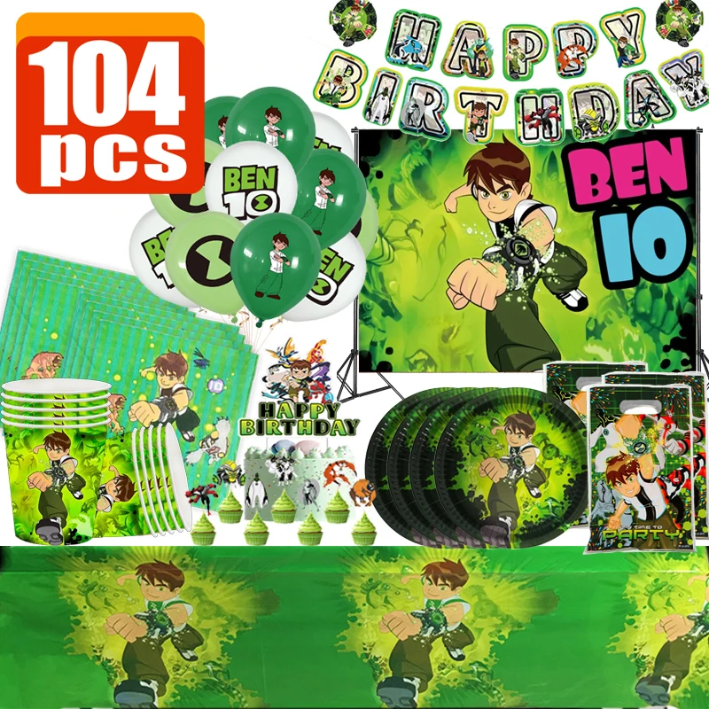 Ben 10 Birthday Party Decoration Disposable Tableware Paper Plate Cup Cake Decor Ben Boy Balloon Baby Shower Boys Party Supplies