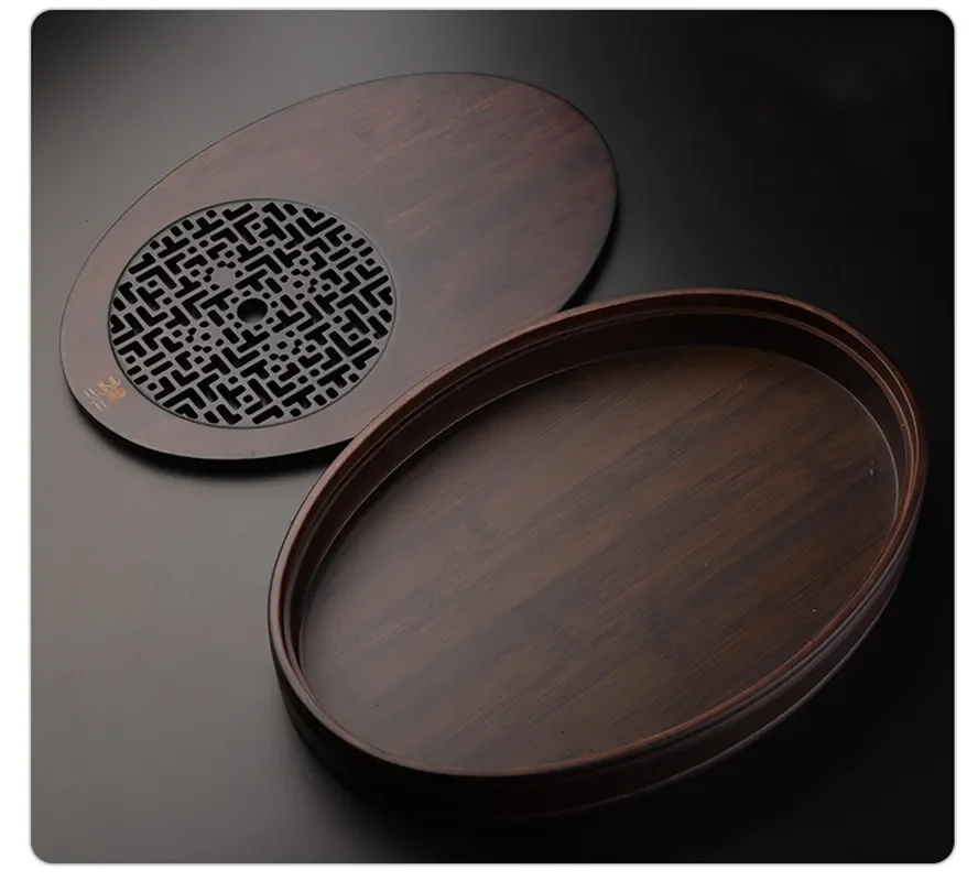 Bamboo Tea Tray Water Storage Oval Borad Kung Fu Set Table Retro Window Grille Design Large-capacity