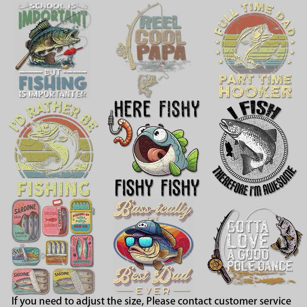 Peel Stick Heat Transfer Vinyl Decals Fishing Lover Gift Tackle Box Design Tshirt DIY Art Sardine Can Humorous Reel Cool Pattern