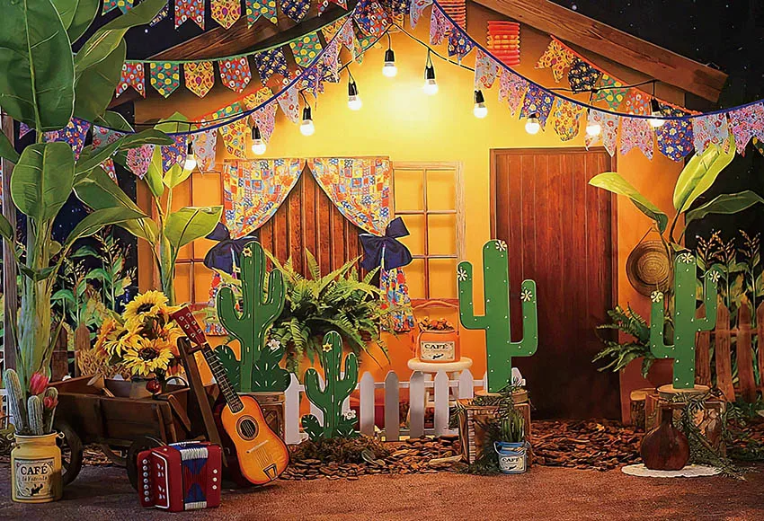 Mehofond Photography Background Mexican Fiesta Flower Cactus Guitar Flags Kid Birthday Party Portrait Decor Backdrop Photo Studi