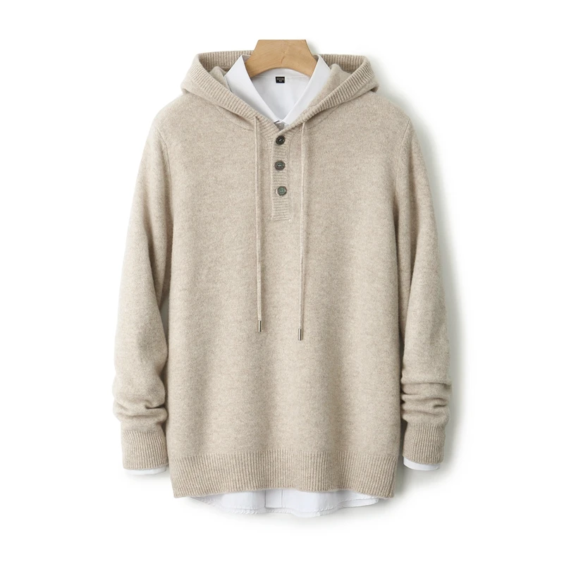 

2025 Men's 100% Wool Sweater Hooded Pullover Autumn Winter Casual Style Clothing Soft Warm Button Hoodie Pure Wool Knitwear Tops