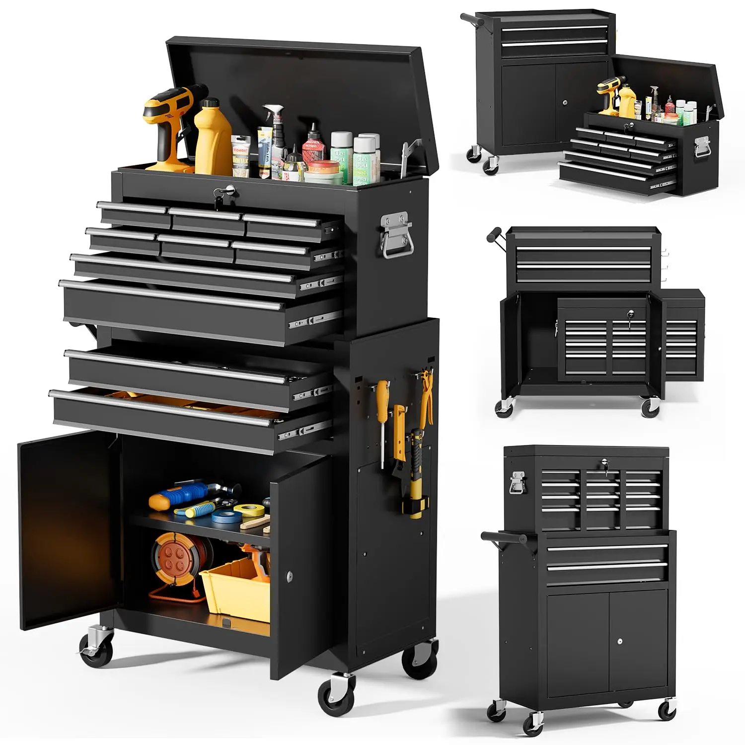 10-Drawer Rolling Tool Chest with wheels, Lockable 2-in-1 Tool Box